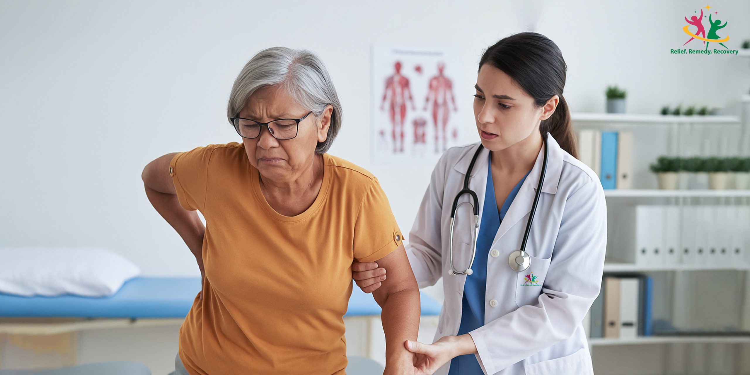 Elderly woman with back pain receiving assistance from a female doctor in a clinic setting for postural correction & sciatica recovery.