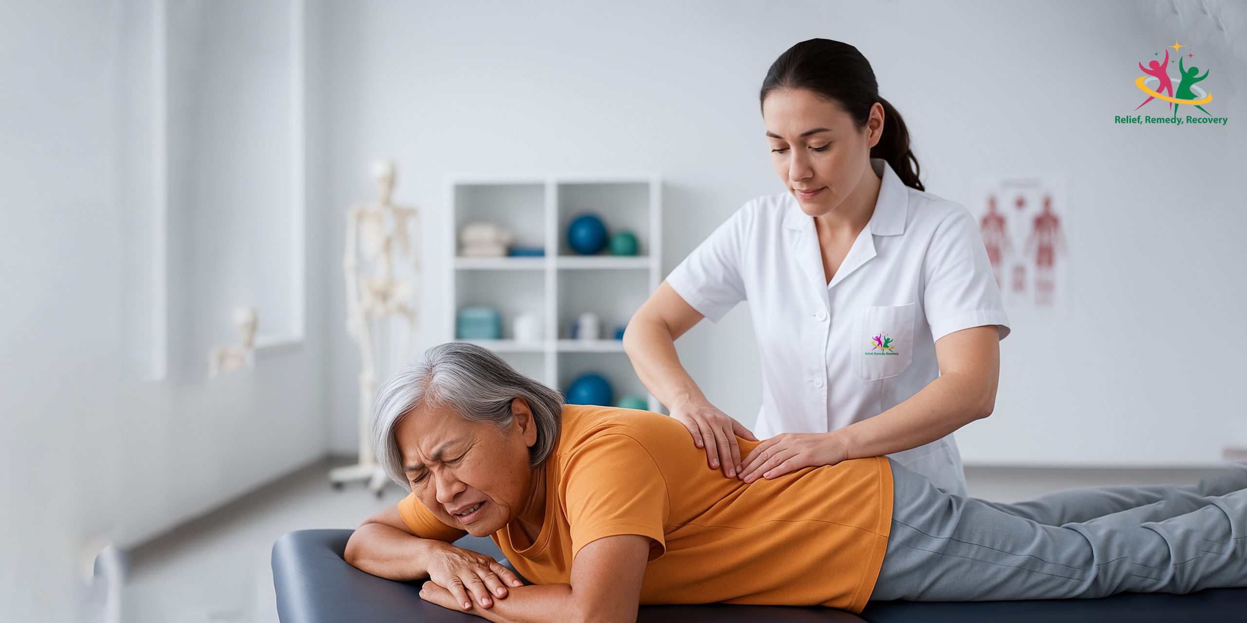 Elderly woman receiving lower back therapy from a female physiotherapist for postural correction & sciatica recovery.