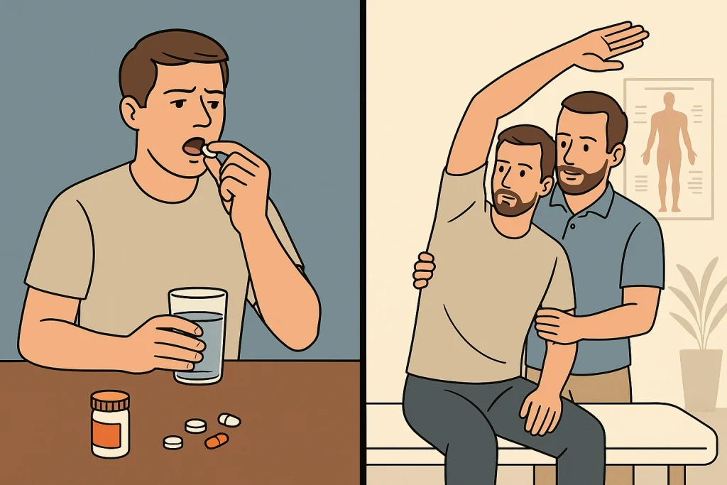 a person taking pain killing pill or a person taking physiotherapy Physiotherapy vs Medicine, Why Physiotherapy is the Better Choice?